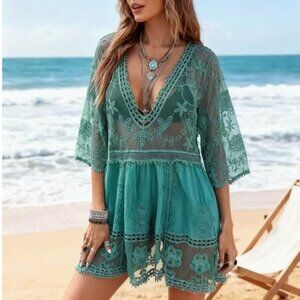 NWT Bohemian Green Floral Lace Beach Cover-Up